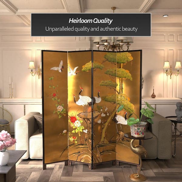 Red Lantern 6 ft. Gold 4-Panel Cranes Room Divider L3-MSS47CPGN-L