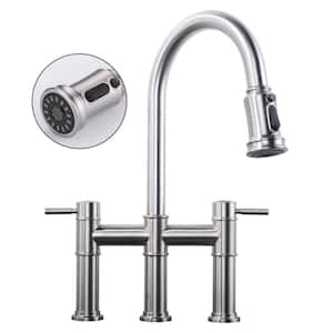 Double Handle Pull-Down High Arc Bridge Kitchen Faucet with Brass and Stainless Steel in Brushed Nickel