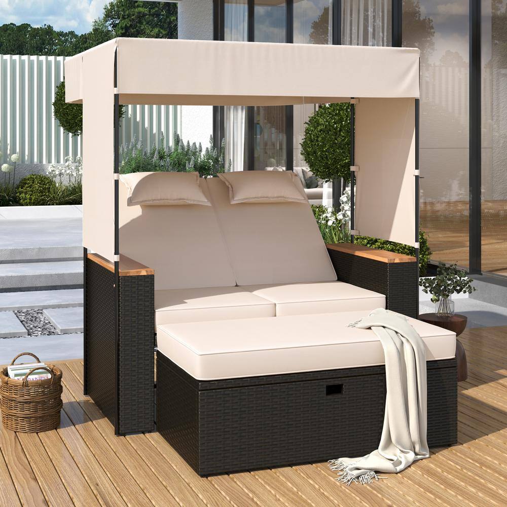 2 Piece Wicker Outdoor Patio Sunbed Day Bed with Lounge Roof, UV Protection