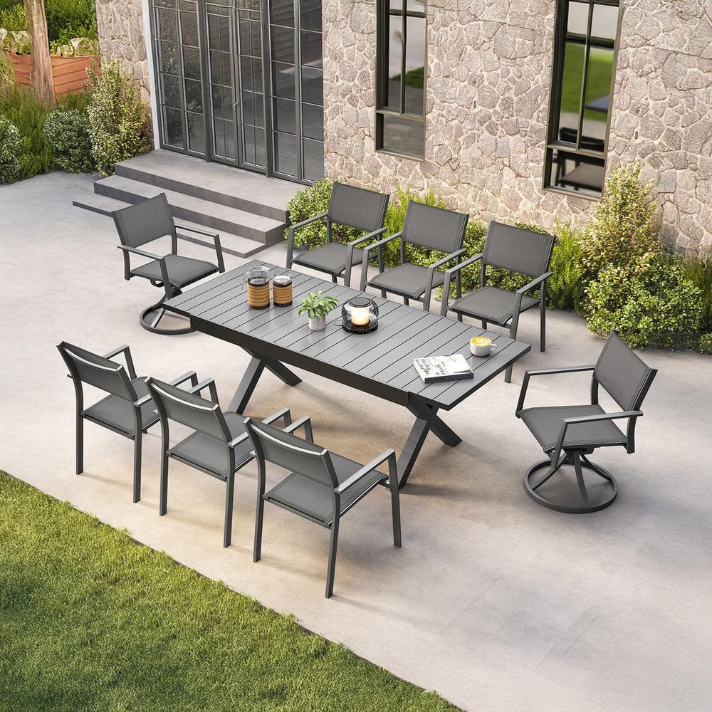 Black 9-Piece Aluminum Rectangular Outdoor Dining Set with 2 Swivel Chairs and 6 Dining Chairs price history on PriceWatchPro
