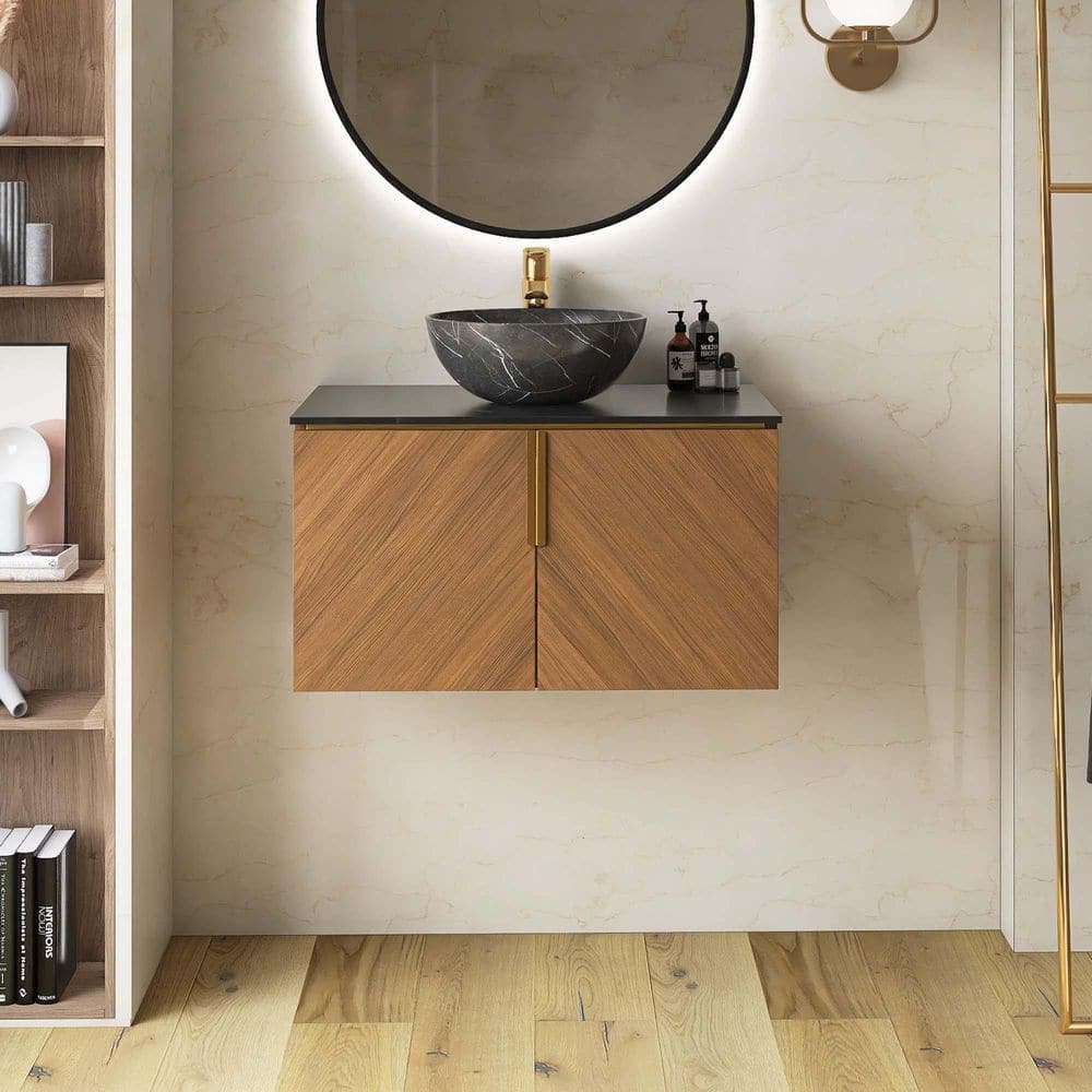 YK☆ Yingze 30 in. Wall-Mounted Single Sink Brown Oak Bath Vanity with