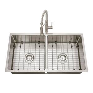 All-in-One Tight Radius Undermount 18G Stainless Steel 36 in. 50/50 Double Bowl Kitchen Sink with Spring Neck Faucet