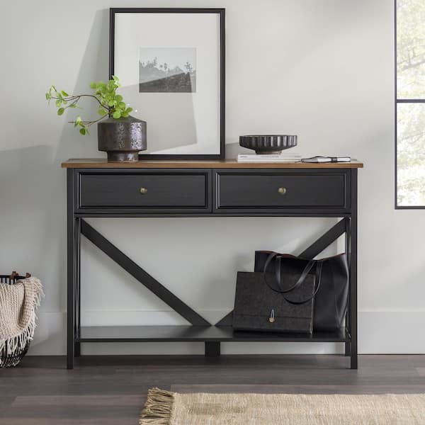 Walker Edison Furniture Company 48 in. Rustic Oak/Black Solid Wood Farmhouse 2-Drawer Console Table with Lower Shelf