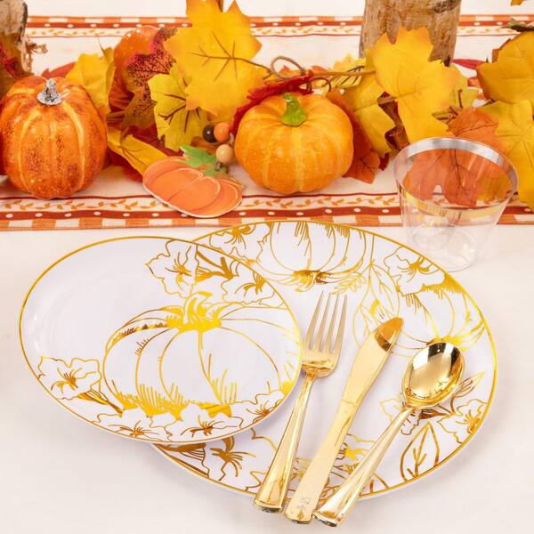 Anqtovp 175-Piece White Pumpkin Plastic Plates Set for