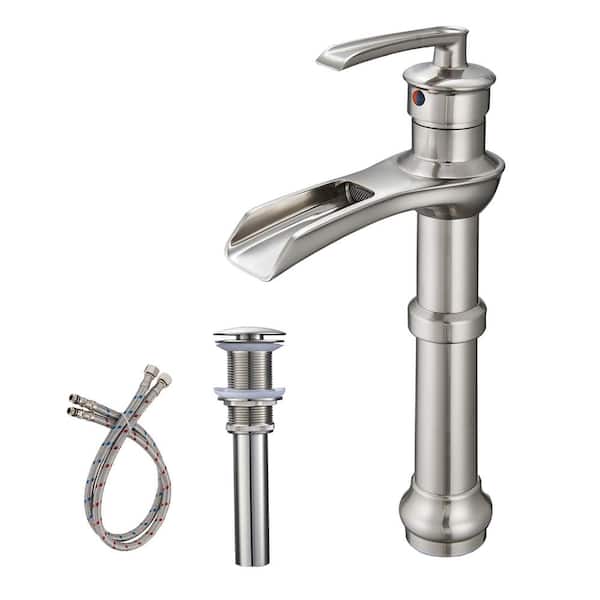 BWE Waterfall Single Hole Single-Handle Vessel Bathroom Faucet With Drain Assembly in Brushed Nickel