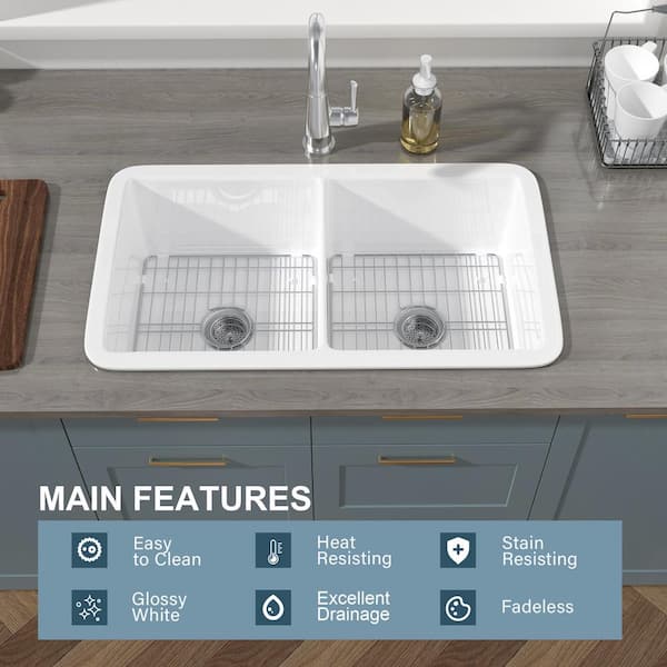 HOMLYLINK Kitchen Sink 32 in. Drop-In/Undermount Double Bowl