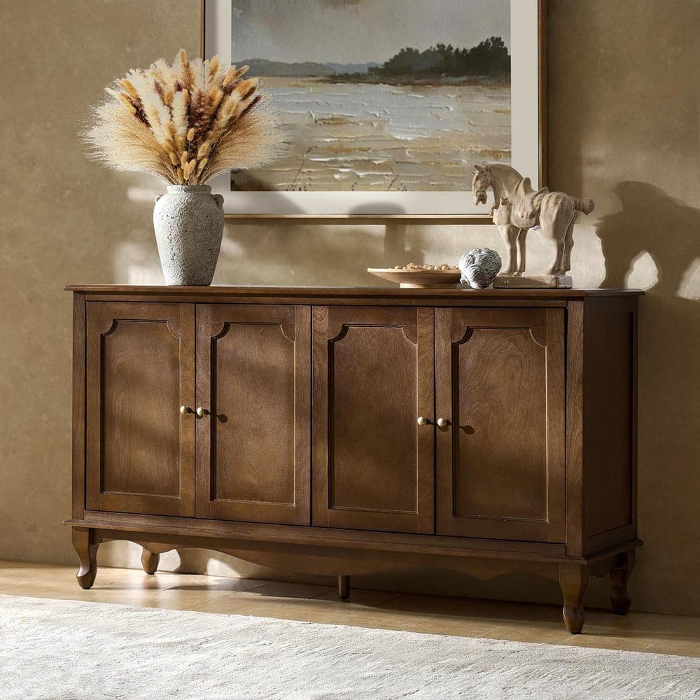Cindy Walnut 58" Wide 4 door Sideboard with Apron Design and Adjustable Shelves