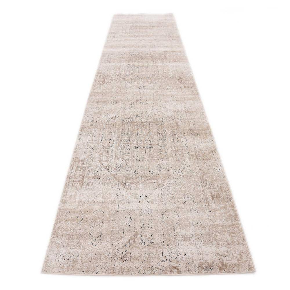 Elegant Medallion Runner Rug in Subtle Beige, Stain-Resistant Synthetic