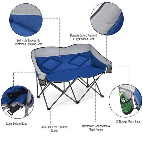 Patiojoy Folding Camping Chair Loveseat Double Seat w/ Bags & Padded Backrest, Blue