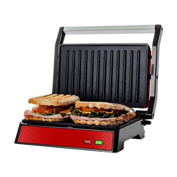 Red Electric Panini Press Grill, 2-Slice 1000-Watt Heating Plate, Drip Tray Included