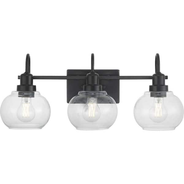 Home Decorators Collection Halyn 23 in. 3-Light Matte Black Bathroom Vanity Light with Clear Glass Shades