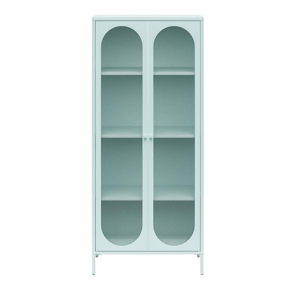 Sky Blue Tall Metal Accent Cabinet with Fluted Glass Doors