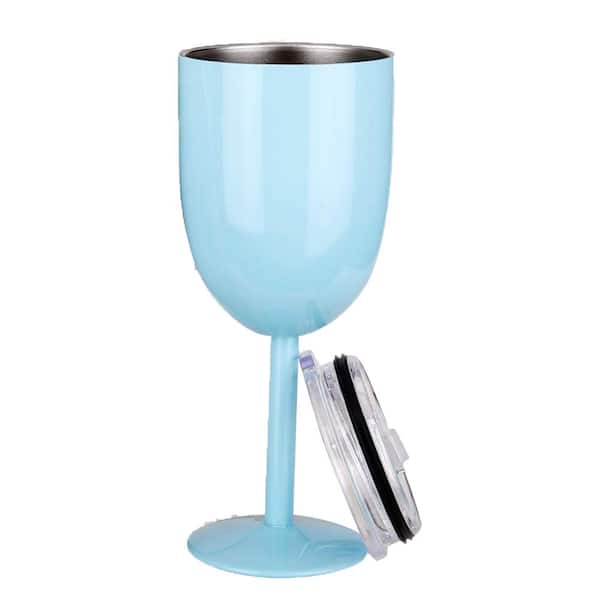 Double Walled 10 oz. Insulated Light Blue Stainless Steel Wine Tumbler with Lid (Set of 2)