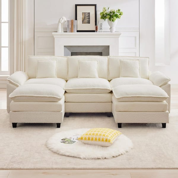 105.9 in. Chenille Fabric 5-Seat Sectional Sofa Couch with 2-Ottomans in Beige