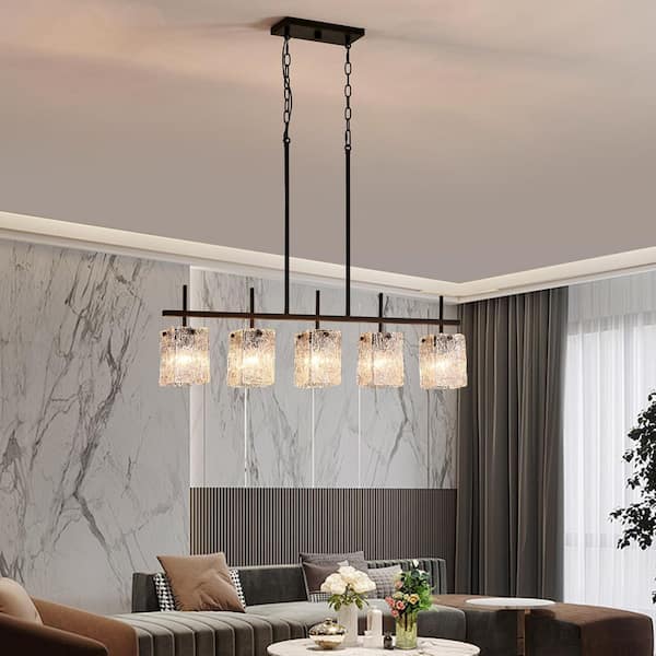 38.25 in. 5-Light Black Linear Glam Island Pendant Light Fixture with Glass Shade