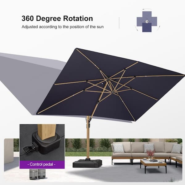 10 ft. x 13 ft. Outdoor Cantilever Patio Umbrella Teak Finished Offset 360° Rotation Umbrella with Base, Navy Blue