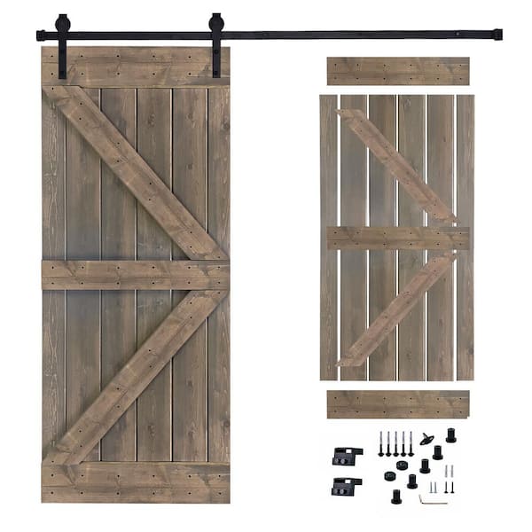 Akicon 30 in. x 84 in. Briar Smoke Painted Wood Sliding Door with Hardware Kit, Pre-Drilled Ready to Assemble