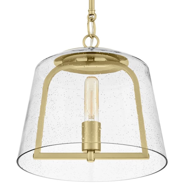 Home Decorators Collection Desmond 60-Watt 1-Light Brushed Gold Pendant with Smoke Seedy Glass Shade