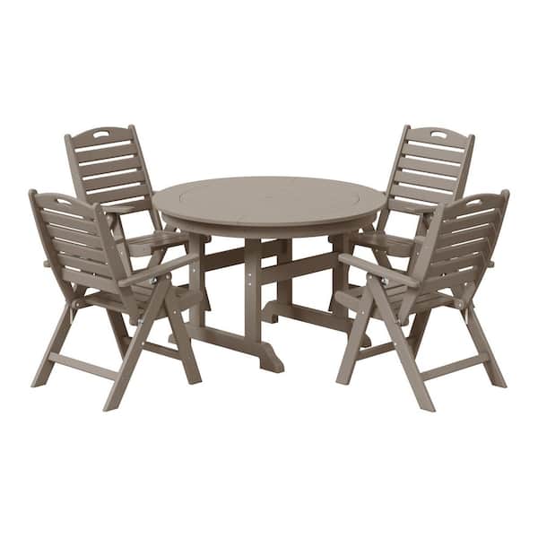 Laguna All Weather HDPE Plastic Outdoor 5-Piece Round Table Folding Highback Chairs Patio Dining Set, Weathered Wood