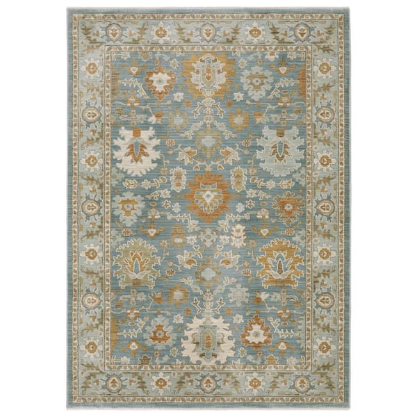 Maco Blue/Rust 8 ft. x 11 ft. Floral Oriental Distressed Polypropylene Fringe-Edge Indoor Area Rug