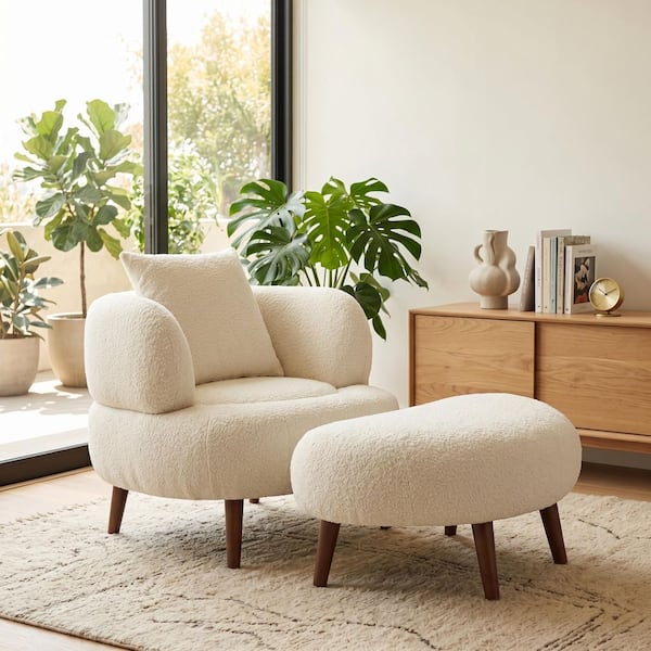 Rectangle Antique White Fabric Upholstered Lazy-Style Accent Arm Chair with Ottoman