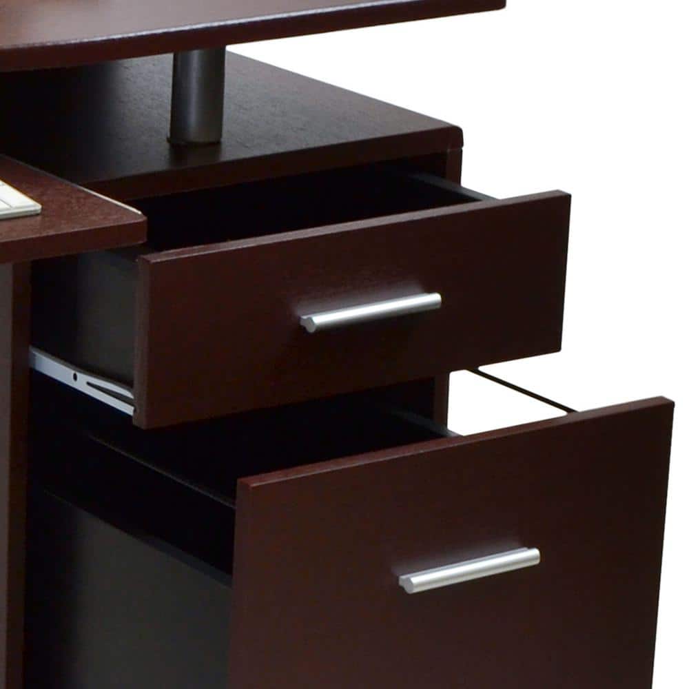 Chocolate Brown Wood Computer Desk with Storage and Keyboard Tray