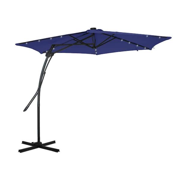Clihome 10 ft. LED Cantilever Patio Umbrella in Navy Blue with 360° Rotation, Pull Handle, 6-Rib Frame, UV and Water-Resistant