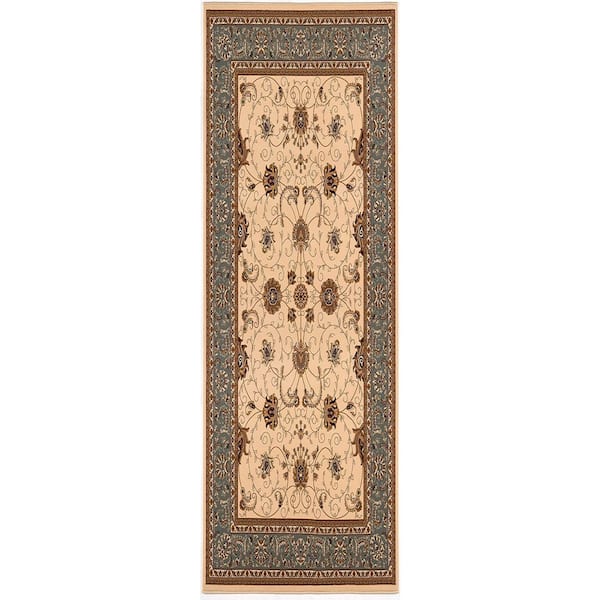 2 ft. x 14 ft. Dark Gray, Tan, Blue Oriental Washable Area Rug