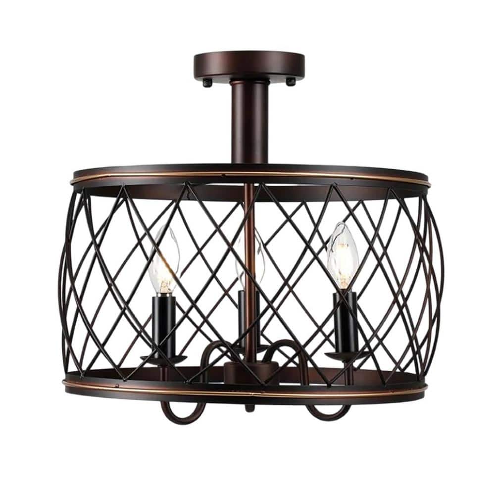 Decomus 15.7 in. 3-Light Oil Bronzed Black Semi-Flush Mount with Mesh Metal