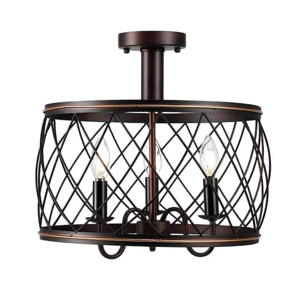 Decomus 15.7 in. 3-Light Oil Bronzed Black Semi-Flush Mount with Mesh Metal Shade, No Bulbs Included