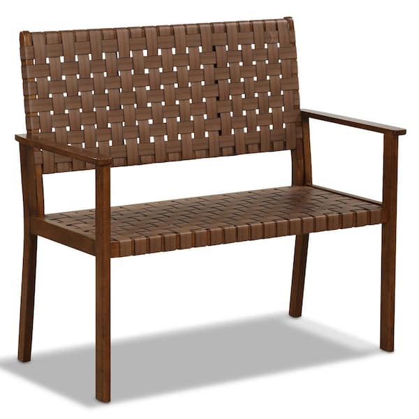 Unbranded Outdoor All Weather Bench With Hand Woven PU Leather And Solid Rubber Wood Frame