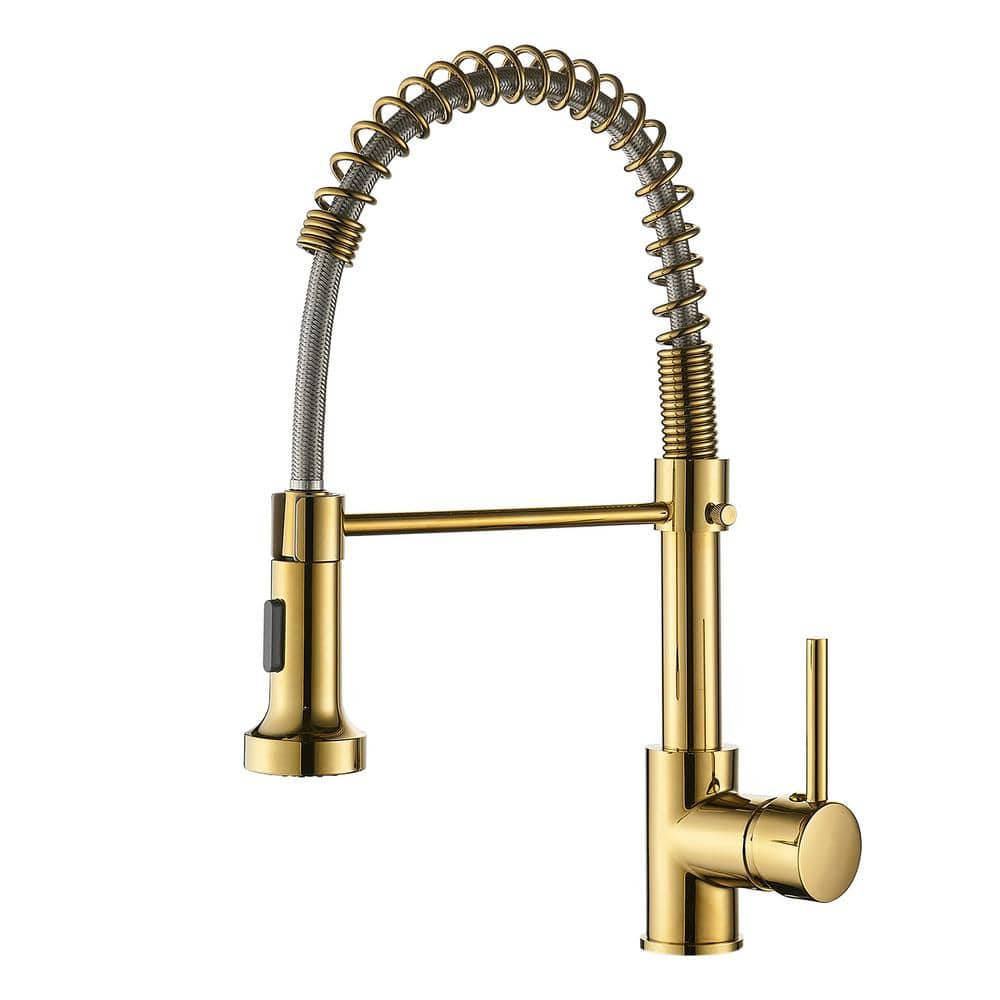 Staykiwi Single Handle High Arc Pull Out Sprayer Kitchen Faucet in Gold ...