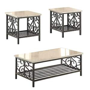 3-Piece 48 in. Cream/Gray Large Rectangle Marble Coffee Table Set with Metal Frame