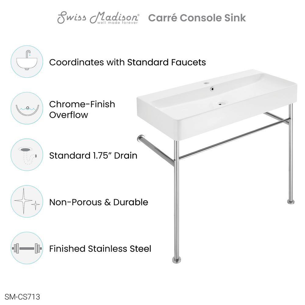 Carre 36" White Ceramic Console Sink with Chrome Legs
