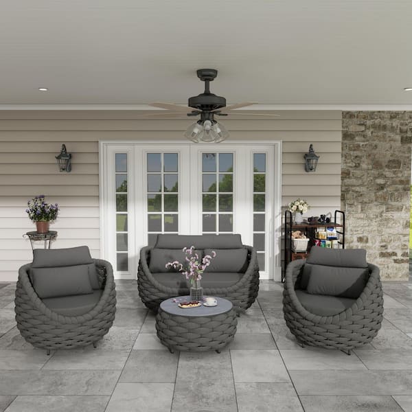 TWT 4-piece Black Waterproof Conversation Sets Outdoor sofa set in Aluminum with Dark Gray Cushions