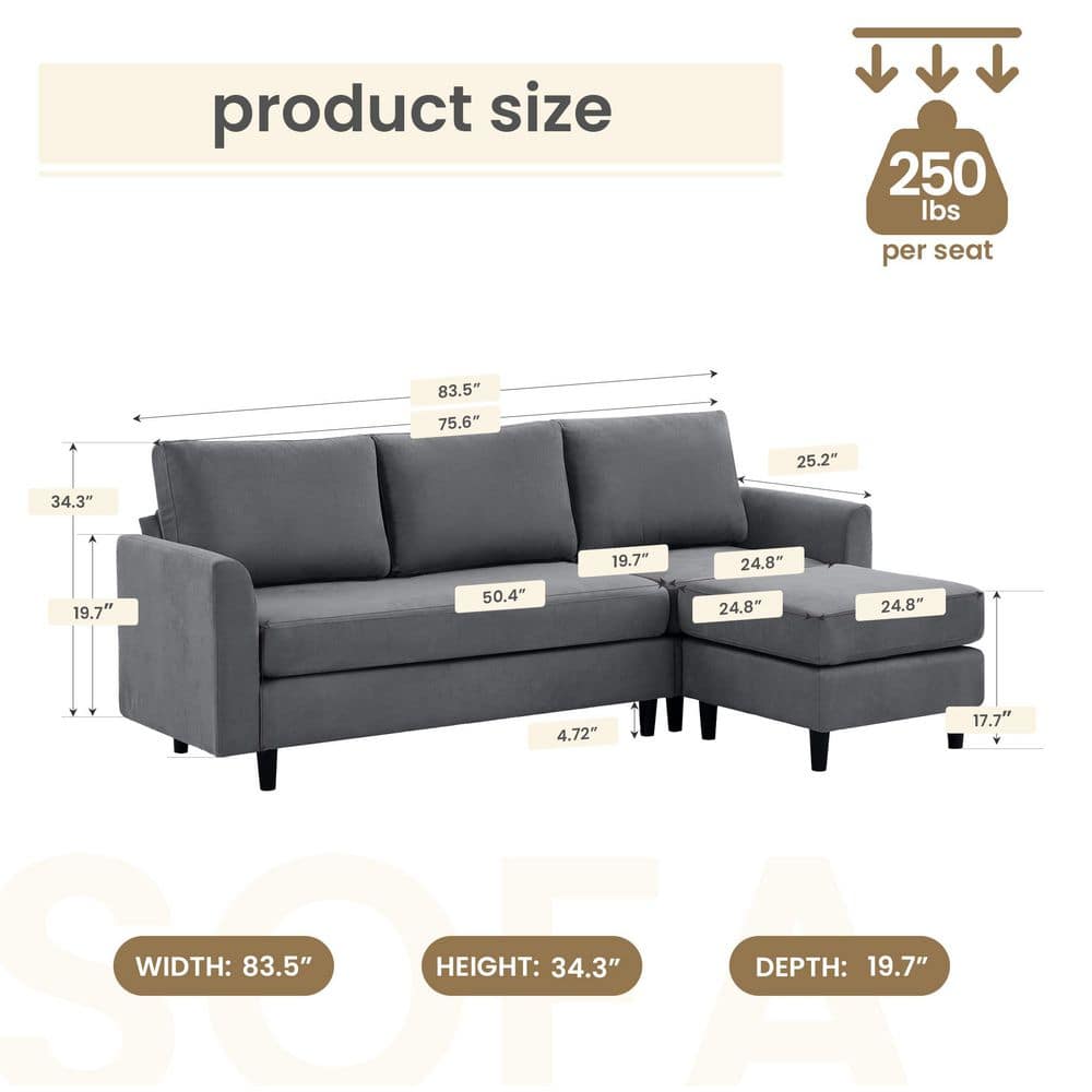 Dimension diagram of the dark gray sectional sofa.
