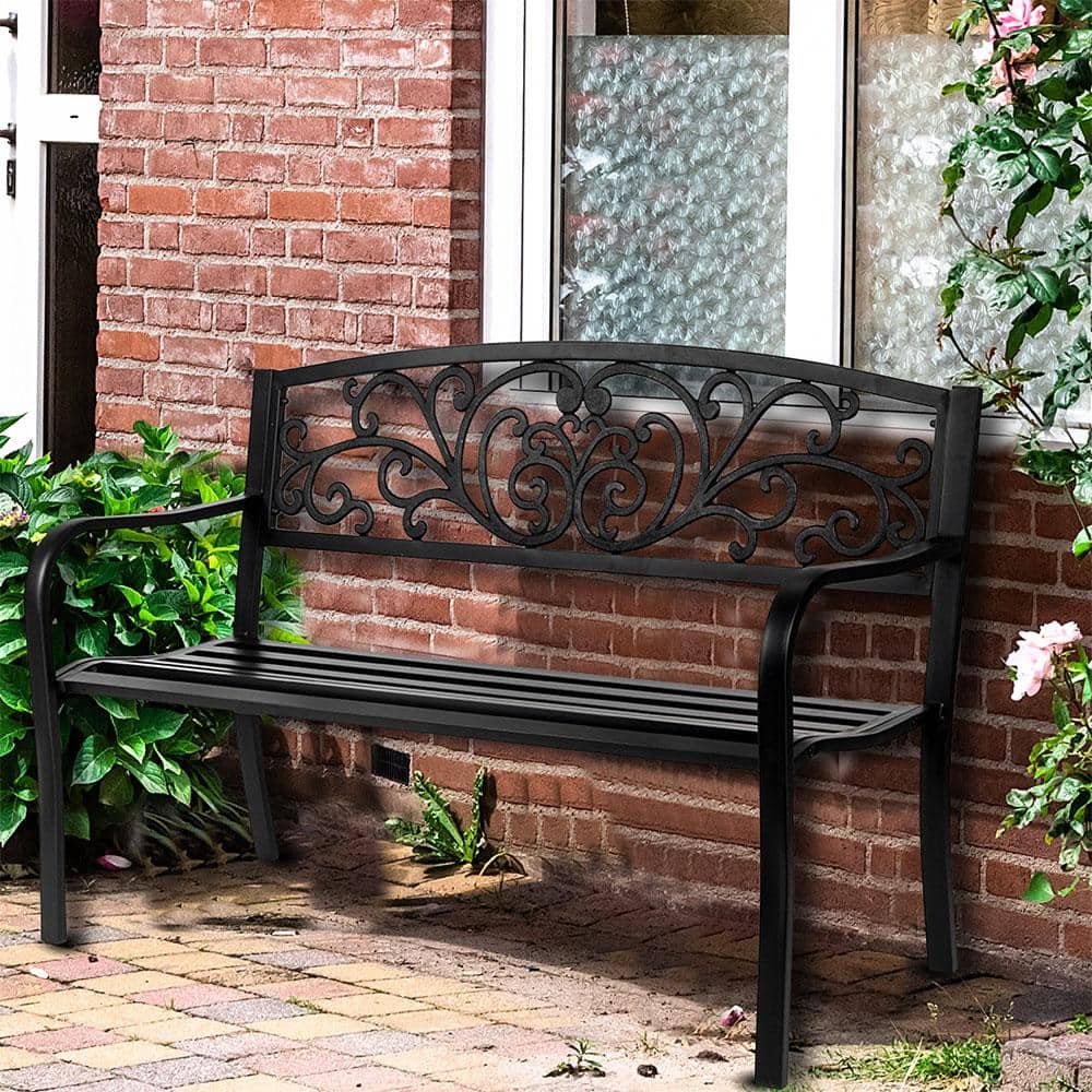 Black Powder Coated Steel Outdoor Bench with Cast Iron Backrest