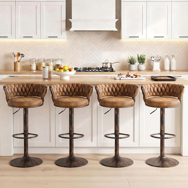 24.6 in. Bar Stools Set of 4, Adjustable Metal Swivel Barstool with Back, Brown Faux Leather Suede Kitchen Counter Stool