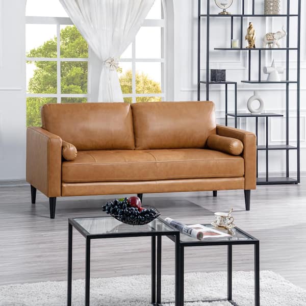 Tan Mid-Century Square Arm Leather 3-Seater Sofa-73.23 in. W x 31.1 in. D x 35.43 in. H