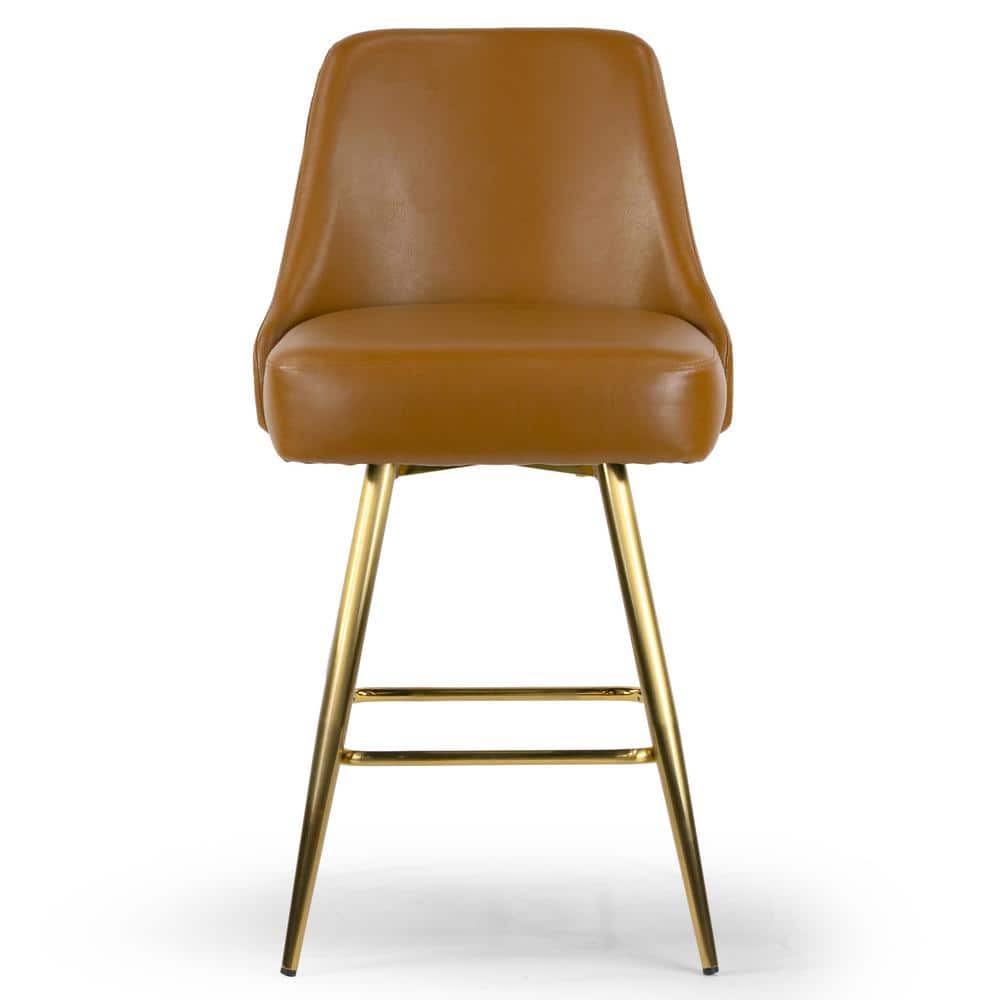 Set of 2 Light Brown Upholstered Iron Frame Counter Stools with Golden Legs
