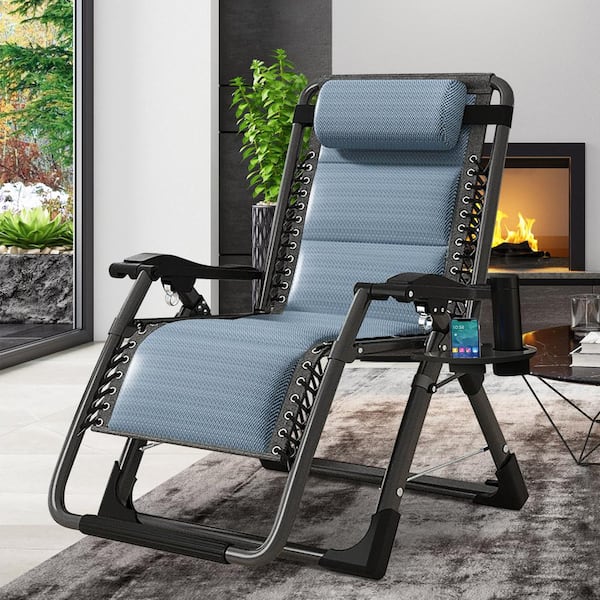 Folding Zero Gravity Metal Frame Recliner Outdoor Lounge Chair With Side  Tray, Adjustable Headrest, Ice Blue