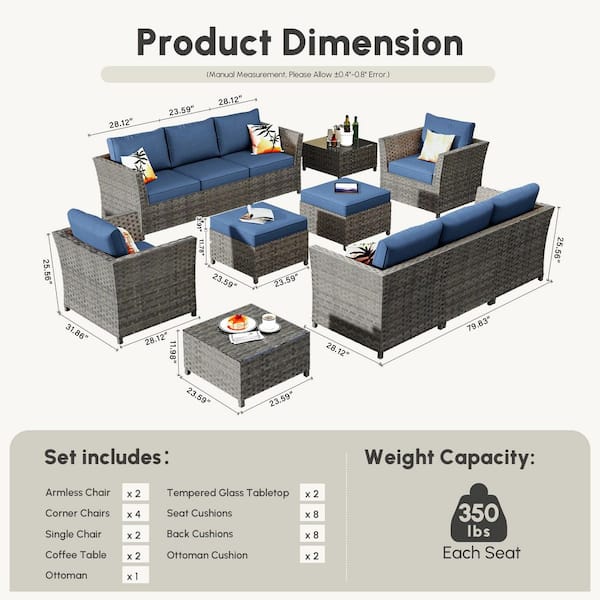 XIZZI Jasmine 12-Piece Wicker Outdoor Sectional Set with Denim