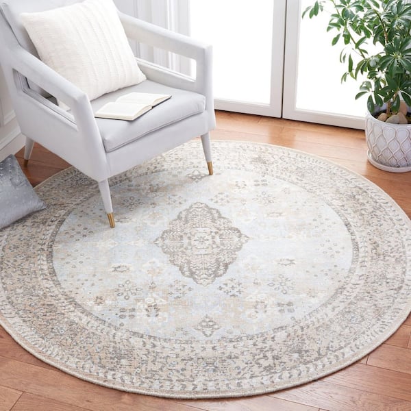 Restoration Vintage Beige/Sand 6 ft. x 6 ft. Ornate Border Round Area Rug