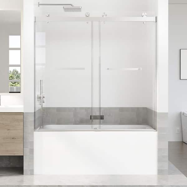 56-60 in. W x 66 in. H Double Sliding Frameless Tub Door in Brushed Nickel with 5/16 in. (8 mm) Tempered Clear Glass