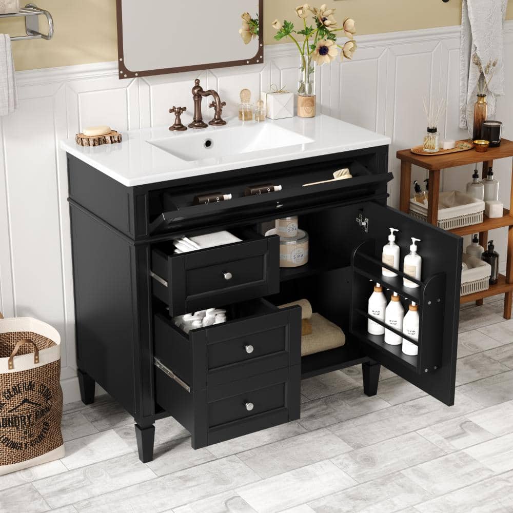 36″ Bathroom Vanity with Top Sink, 2 Drawers & Tip-out Drawer, Modern Storage Cabinet price history on PriceWatchPro