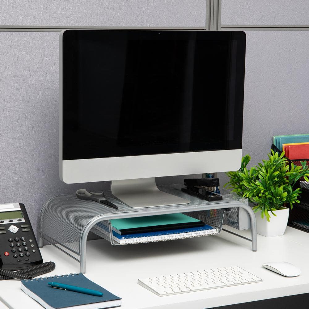 Silver Metal Mesh Monitor Stand with Drawer and Organizer