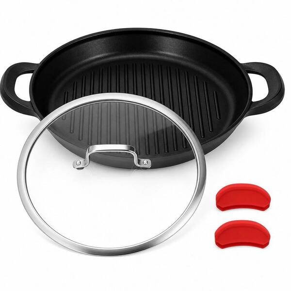 13 in. Nonstick Aluminum Grill Pans Includes Lid and Anti-Scalding Tools in Black, Dishwasher and Oven Safe