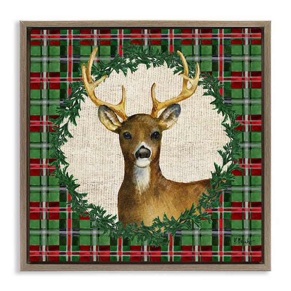 Plaid Holiday Deer by Paul Brent Brown Floater Frame Animal Graphic Art Print 18 in. x 18 in.