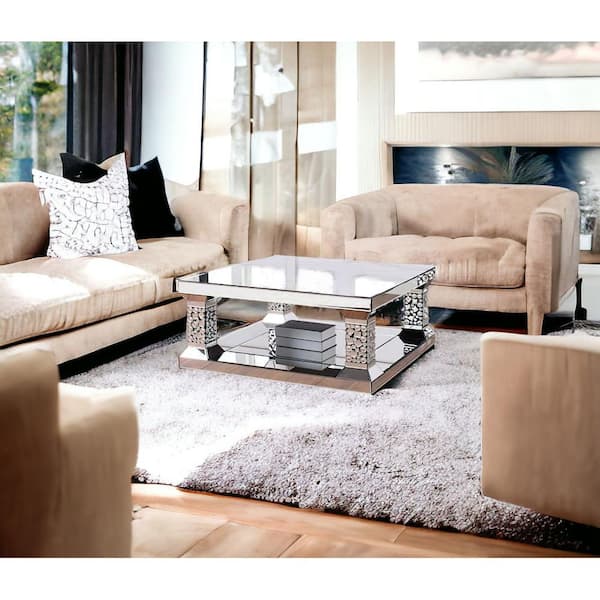HomeRoots 40 in. Brown Square Glass Coffee Table with Storage