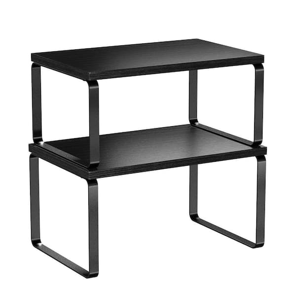 Set of 2 Black Countertop Stackable Kitchen Organizer Wood Metal Expandable Spice Rack Storage Riser Set